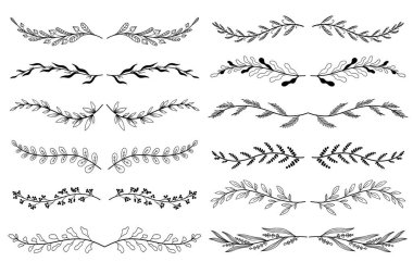 Çiçek süsleme bölmeleri elle çizilmiş. Yapraklar ve dallar oyma elementleri. Bir sürü botanik süs tomarı süsleme ve dekoratif dal. Vektör illüstrasyonu izole edildi