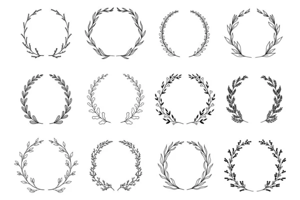 Ornamental Branch Wreathes Set Hand Drawn Design Laurel Leaves Wreath — Stock vektor