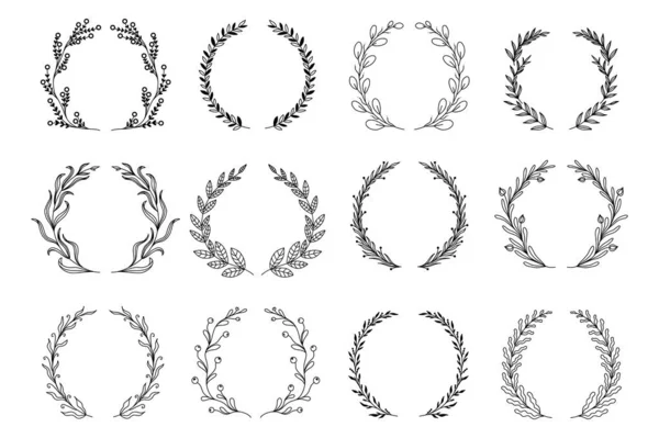 Ornamental Branch Wreathes Set Hand Drawn Design Laurel Leaves Wreath — Vector de stock