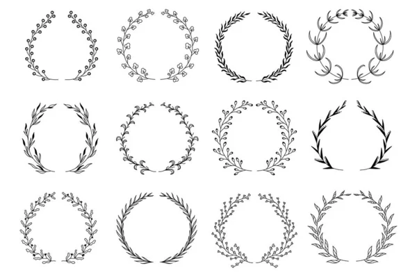 Ornamental Branch Wreathes Set Hand Drawn Design Laurel Leaves Wreath — Stock vektor