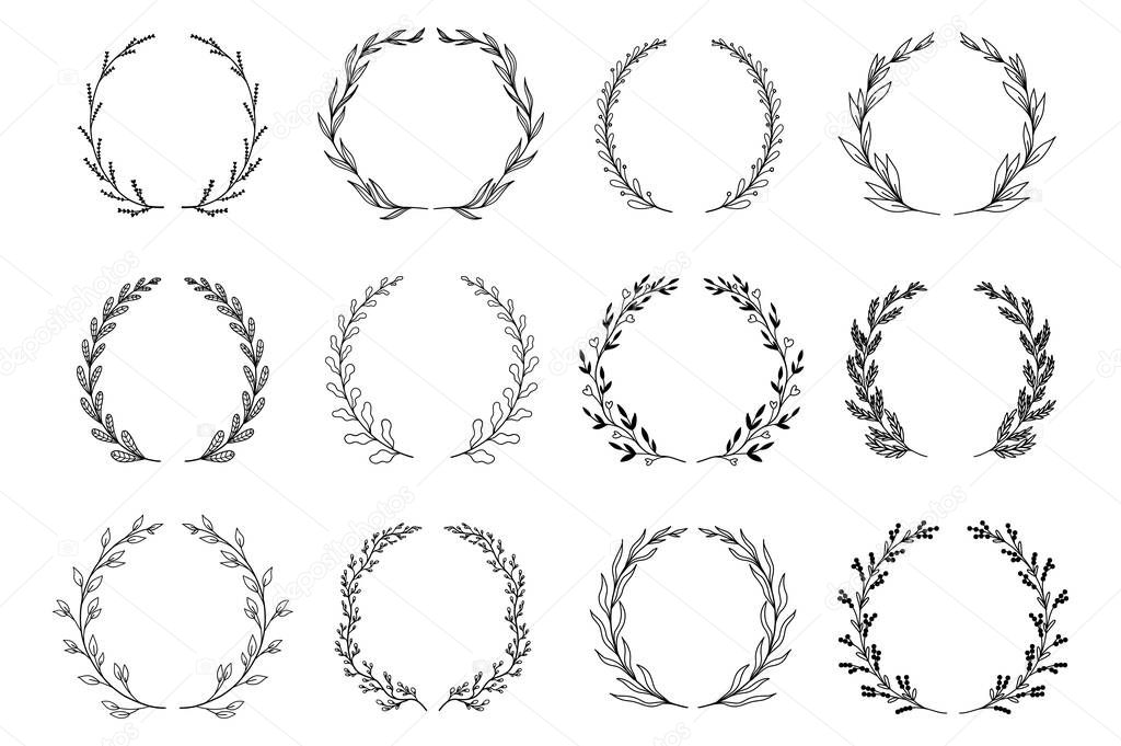 Ornamental branch wreathes set in hand drawn design. Laurel leaves wreath and decorative branch bundle. Collection of differen herbs, twigs, flowers and plants curl elements. Vector floral decoration