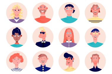Emoji insanları izole edilmiş avatarlar. Erkekler ve kadınlar, gülümseme, kahkaha, üzüntü, öfke, aşk ve diğerleri gibi farklı yüz ifadelerini ifade ederler. Düz çizgi film dizaynındaki karakterlerle vektör illüstrasyonu