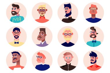 Hipster people avatars isolated set. Diverse fashionable men with different stylish look. Portraits of male mascots with facial expressions. Vector illustration with characters in flat cartoon design clipart