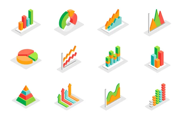 Graph Charts Concept Isometric Icons Set Bundle Elements Bar Pie — Stockvektor