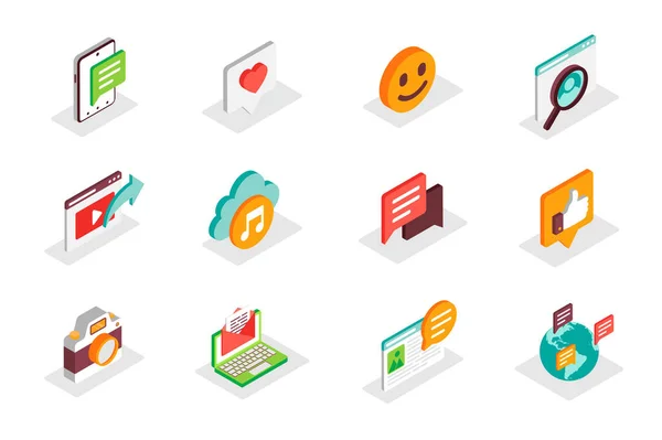 Social Media Concept Isometric Icons Set Bundle Elements Comment Emoji — Vector de stock