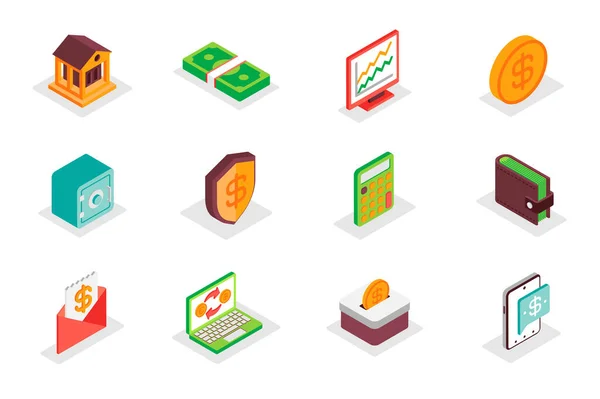 Finance Concept Isometric Icons Set Bundle Elements Bank Money Data — Image vectorielle