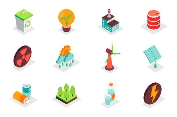 Environment Concept Isometric Icons Set Bundle Elements Recycle Trash Bin — Vettoriale Stock