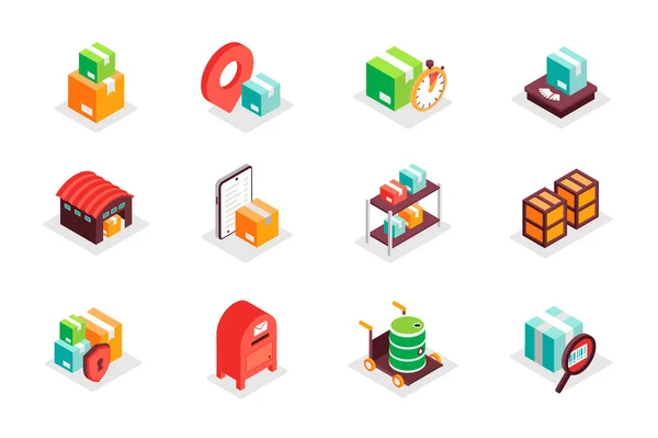 Logistics Concept Isometric Icons Set Bundle Elements Parcel Delivery Location —  Vetores de Stock