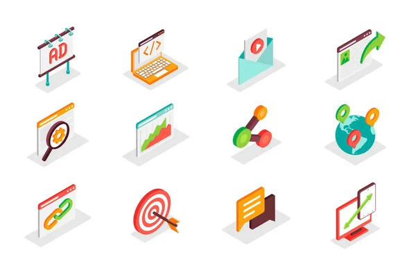 Seo Marketing Concept Isometric Icons Set Bundle Elements Advertising Optimization — Image vectorielle