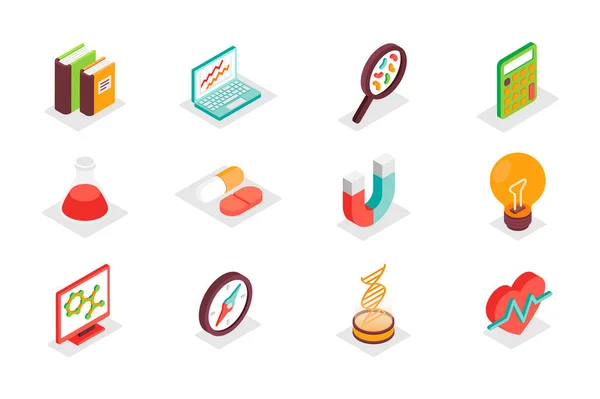 Science Concept Isometric Icons Set Bundle Elements Book Data Analysis — 스톡 벡터