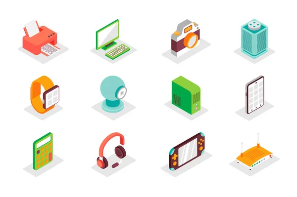 Electronics Concept Isometric Icons Set Bundle Elements Printer Computer Camera — Διανυσματικό Αρχείο