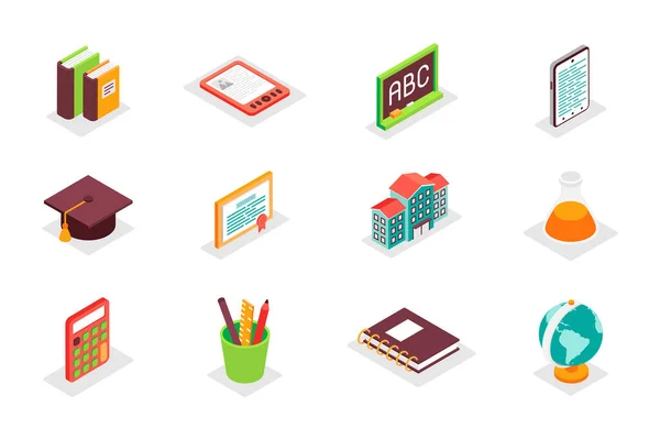 Education Concept Isometric Icons Set Bundle Elements Textbook Blackboard Graduation — Vector de stock