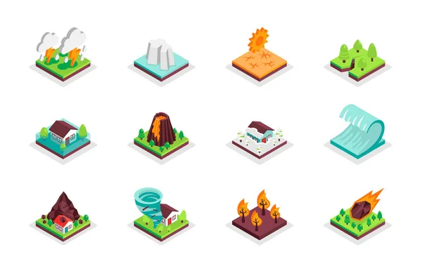 Natural Disaster Concept Isometric Icons Set Bundle Elements Thunderstorm Drought — Vettoriale Stock
