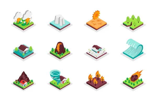 Natural Disaster Concept Isometric Icons Set Bundle Elements Thunderstorm Drought — Vector de stock