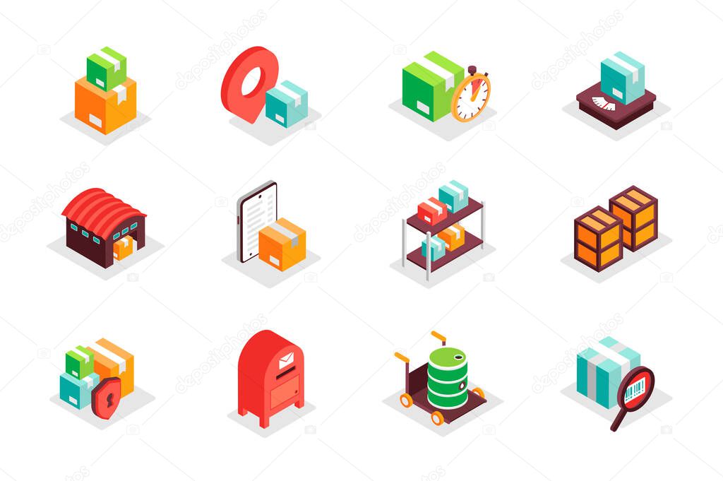 Logistics concept 3d isometric icons set. Bundle elements of parcel delivery, location tracking, fast shipping, warehouse, protection, mailbox and other. Vector illustration in modern isometry design