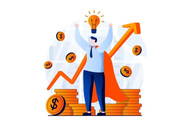 Business making concept with people scene in flat cartoon design. Success businessman develops company, increases income, generates new ideas, achieves goals. Illustration visual story for web