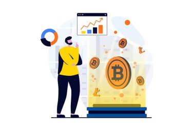 Cryptocurrency marketplace concept with people scene in flat cartoon design. Man buys bitcoins and other currencies at crypto exchange and analyzing data. Illustration visual story for web