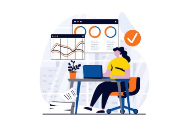 Data analysis concept with people scene in flat cartoon design. Woman working with statistics and charts using laptop, business audit and accounting at office. Illustration visual story for web