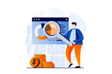 Data science concept with people scene in flat cartoon design. Man with magnifier works with databases, uses charts and graphs for financial report and audit. Illustration visual story for web