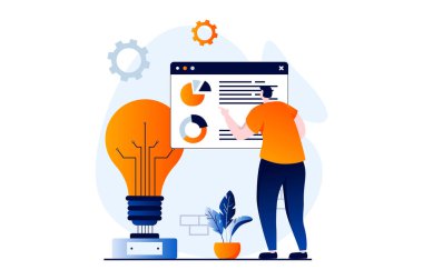 Data science concept with people scene in flat cartoon design. Man works with charts and graphs dashboard, making financial report and creates improvements. Illustration visual story for web