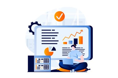 Data science concept with people scene in flat cartoon design. Woman works with charts and graphs at dashboard, making financial report and analyzing data. Illustration visual story for web