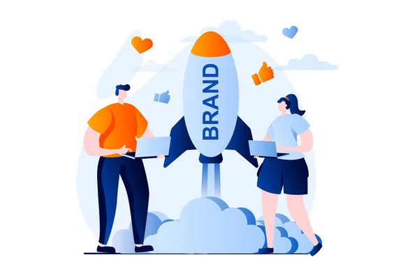Branding team concept with people scene in flat cartoon design. Woman and man launch business brand, create company personality and new project together. Illustration visual story for web