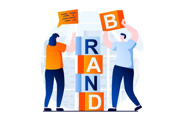 Branding team concept with people scene in flat cartoon design. Woman and man building business brand from cubes, employees teamwork in creative agency. Illustration visual story for web