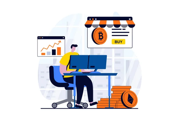 Cryptocurrency Marketplace Concept People Scene Flat Cartoon Design Man Engaged — 图库照片