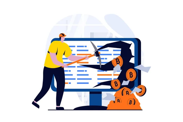 Cryptocurrency Mining Concept People Scene Flat Cartoon Design Man Mines — Foto Stock