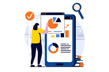 Data science concept with people scene in flat cartoon design. Woman analyzing diagrams with different trends and making financial report using mobile app. Illustration visual story for web