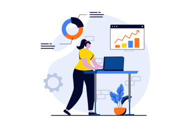 Data science concept with people scene in flat cartoon design. Woman working with diagrams and charts, making financial report and accounting using laptop. Illustration visual story for web