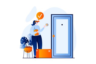 Delivery service concept with people scene in flat cartoon design. Woman courier carrying parcel to door of house and is waiting for client to pay the order. Illustration visual story for web