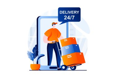 Delivery service concept with people scene in flat cartoon design. Male courier delivers parcels in 24-hour service of shipping and working in warehouse. Illustration visual story for web