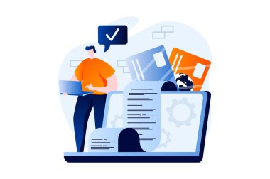 Electronic receipt concept with people scene in flat cartoon design. Man pays bills with credit cards and receives digital receipt. Banking and money transfer. Illustration visual story for web