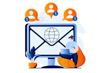 Email service concept with people scene in flat cartoon design. Woman makes advertising mailing to group of contacts or communicates online in social networks. Illustration visual story for web