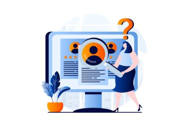 Employee hiring process concept with people scene in flat cartoon design. HR manager looks online resume and choosing best candidate for company staff. Illustration visual story for web