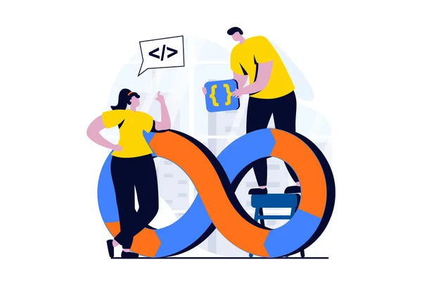 Devops Concept People Scene Flat Cartoon Design Man Woman Coding — 스톡 사진