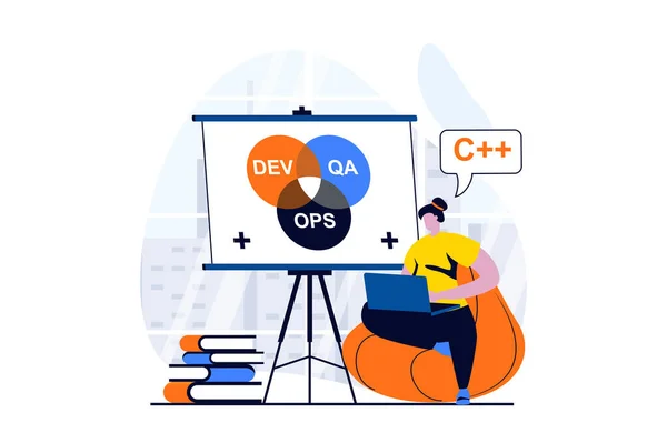 Devops Concept People Scene Flat Cartoon Design Woman Coding Programming — ストック写真