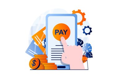 E-payment process concept with people scene in flat cartoon design. Human hand clicks on smartphone screen for online payment transaction in mobile phone app. Illustration visual story for web
