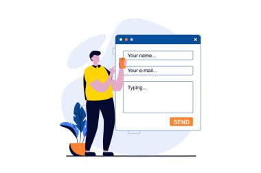 Feedback page concept with people scene in flat cartoon design. Man fills out online contact form and write his comment with experience. Customer satisfaction. Illustration visual story for web