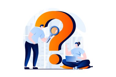 Finding solution concept with people scene in flat cartoon design. Man and woman are discussing problem and looking for answer to question, research together. Illustration visual story for web