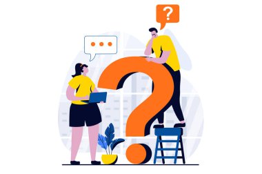 Finding solution concept with people scene in flat cartoon design. Man and woman think and discuss, solve problems and find answers to questions together. Illustration visual story for web