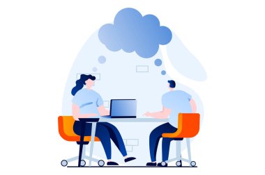 Finding solution concept with people scene in flat cartoon design. Man and woman discussing and talking, collaborating and analyzing statistics in office. Illustration visual story for web