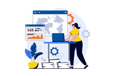Global economic concept with people scene in flat cartoon design. Businesswoman successfully develops international business and develops investment strategy. Illustration visual story for web