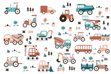 Transport and construction machinery cute set in flat cartoon design. Bundle of tractor, truck, dump, crane, excavator, concrete mixer, forklift, car and other. Vector illustration isolated elements