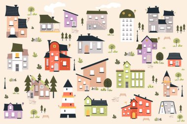 Different houses cute set in flat cartoon design. Bundle of apartment buildings, office towers, private homes of different structures and colors for cityscape. Vector illustration isolated elements