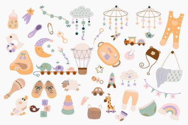 Newborn baby items cute set in flat cartoon design. Bundle of bottle, baby module, clothes, bib, pacifier, shoes, diapers, pants, toys, pyramid, hat and other. Vector illustration isolated elements