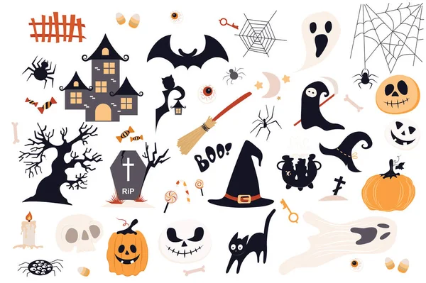 Halloween cute set in flat cartoon design. Bundle of old castle, bat, web, ghost, candy, tree, gravestone, broom, witch cap, key, pumpkin, black cat and other. Vector illustration isolated elements
