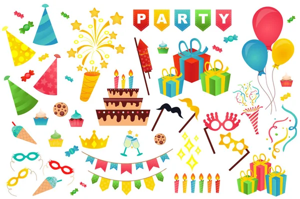 Birthday Party Cute Set Flat Cartoon Design Bundle Festive Hat — Stockvector