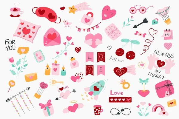 Valentines Day Cute Set Flat Cartoon Design Bundle Heart Cup — Archivo Imágenes Vectoriales